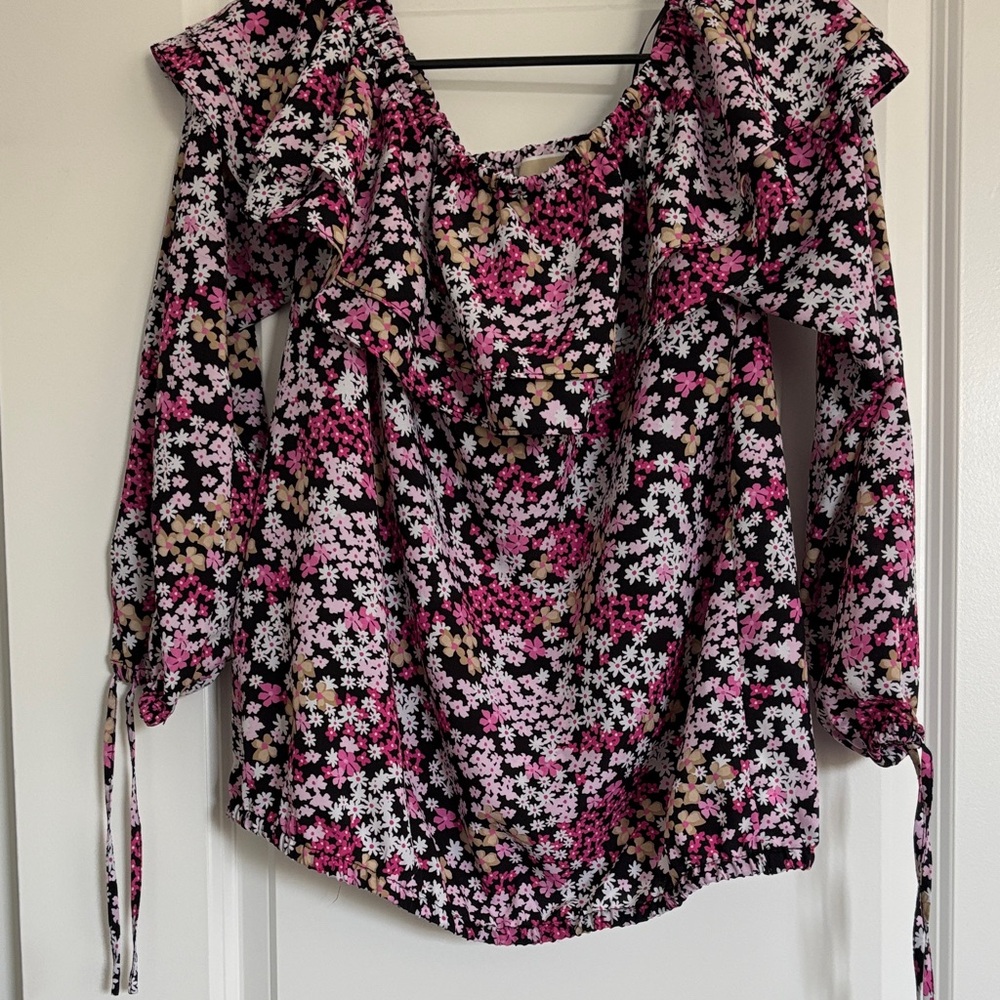 Michael Kors Floral Ruffle Blouse - Pink, White, Black